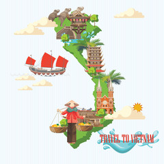 Travel to Vietnam. Set of traditional Vietnamese cultural symbols. Vietnamese landmarks and lifestyle of Vietnamese people
