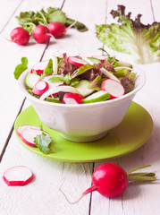 Vegetable salad with radish in a white bowl