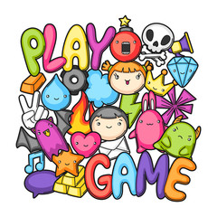 Fototapeta premium Game kawaii print. Cute gaming design elements, objects and symbols