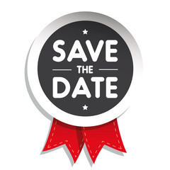 Save The Date badge with red ribbon