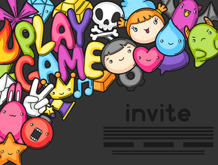 Game kawaii invite. Cute gaming design elements, objects and symbols