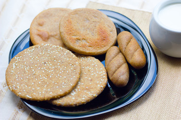 Beautiful homemade bread on black plate