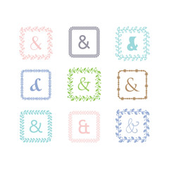 colorful ampersand square leaves border pattern emblems set on white background