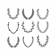 Black silhouette leaves pattern laurel wreath set on white background