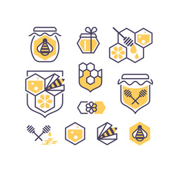 Set of line and color bee and honey icons.