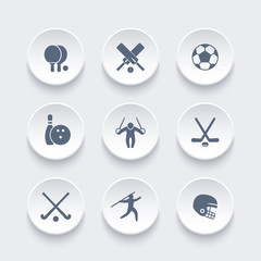 sport, games, competition icons, ping-pong, football, cricket, soccer, hockey, bowling, artistic gymnastics, vector illustration