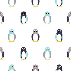 Penguin blue, purple on white kid pattern. Baby penguin toy vector seamless pattern for fabric print and apparel.