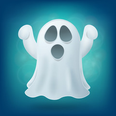 scary cartoon ghost on blue background. Halloween party design element