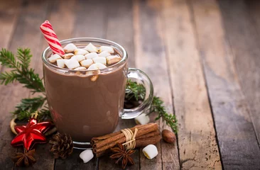 Foto auf Acrylglas Schokolade Heiße Weihnachtsschokolade mit Marshmallow