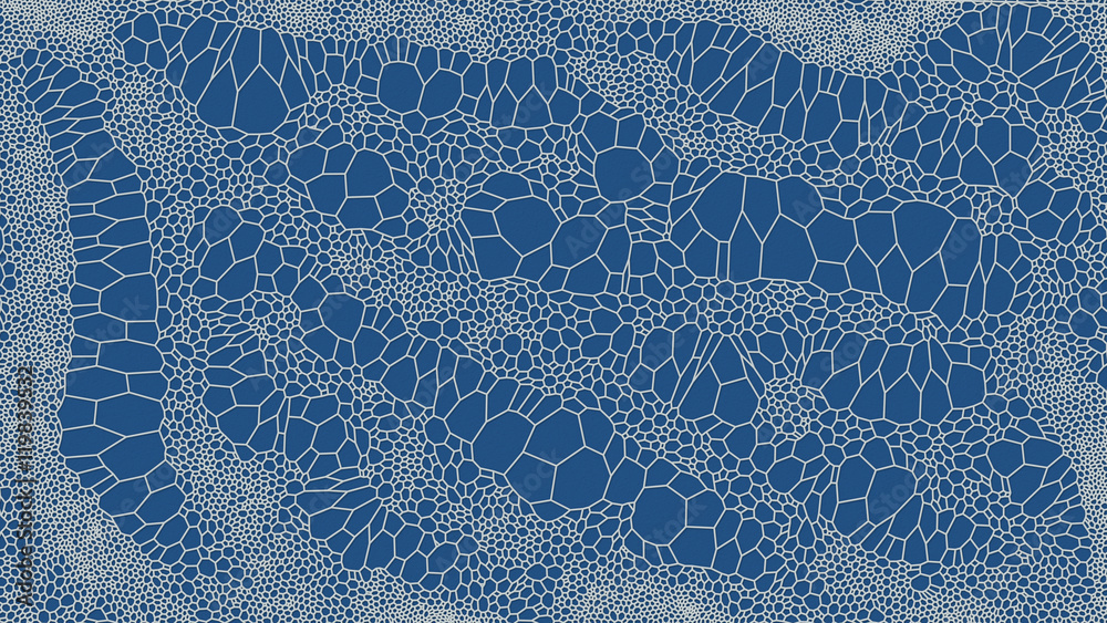 Poster Voronoi abstract white pattern on blue background. 3d rendering