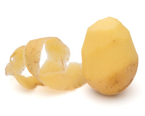 peeled potato tuber with peel spiral isolated on white backgroun