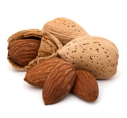 Almond nut in shell and shelled isolated on white background clo