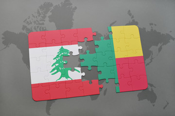 puzzle with the national flag of lebanon and benin on a world map background.