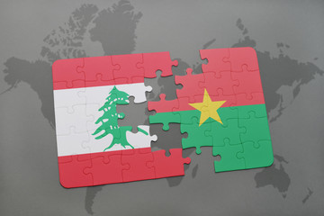 puzzle with the national flag of lebanon and burkina faso on a world map background.