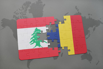 puzzle with the national flag of lebanon and chad on a world map background.