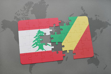 puzzle with the national flag of lebanon and republic of the congo on a world map background.