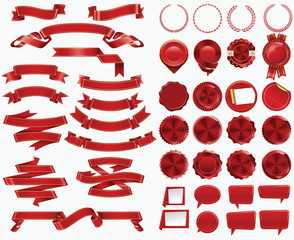 Set of Red Ribbons and Certificate Seals and Badges