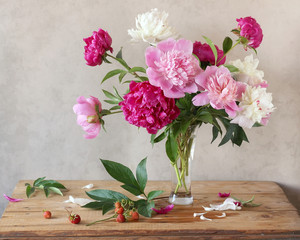 Peonies and strawberries.