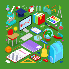 Back to School Educational Concept. Isometric Education Elements with Computer and Science Objects. Vector illustration