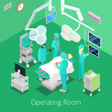 Isometric Surgery Operating Room with Doctors on Operation Process. Vector illustration
