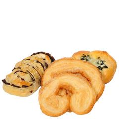Many kinds of baked bread, croissant, butterfly pies and spinach