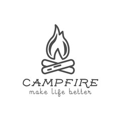Fototapeta premium Camping logo design with typography and travel elements - campfire. Vector text - make life better. Hiking trail, backpacking symbols in retro flat colors. Nice for prints, monohrome tee design