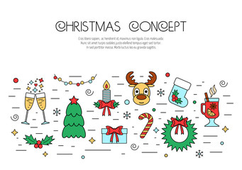 Christmas and New Year colorful isolated concept from linear icons. Flat design. Vector