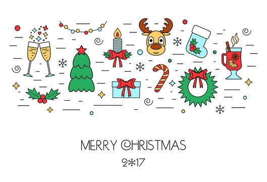 Christmas colorful isolated concept from linear icons. Flat design. Vector