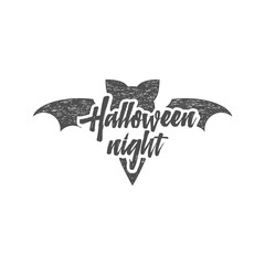 Halloween party night label template with bat, sun bursts and typography elements isolate on white. Vector text with retro grunge effect. Stamp for halloween cards, holiday prints, tee, t shirts