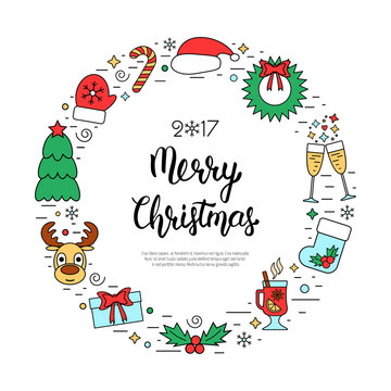 Colorful Christmas holidays frame with traditional attributes in line style with hand lettering inscription. Vector