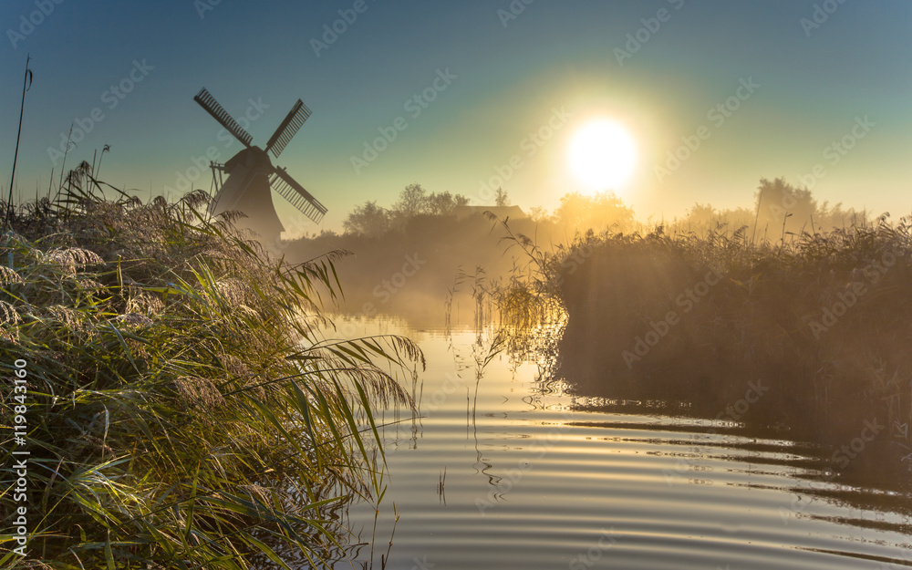 Wall mural Windmill in misty marshland