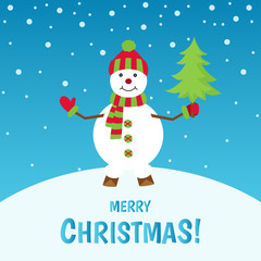 Merry  Christmas greeting  card with snowman.