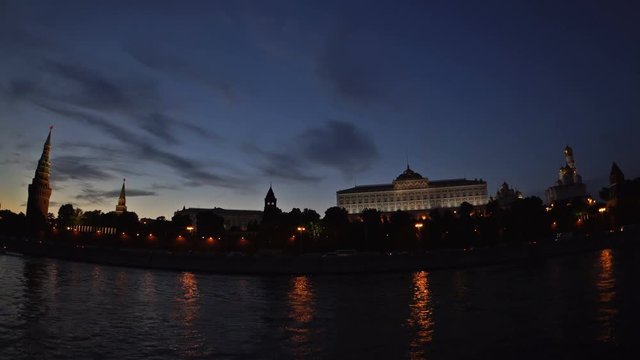Moscow Kremlin, Moskva River quay, The Grand Kremlin Palace, The Cathedral of the Annunciation and The Cathedral of the Archangel. Fisheye. UHD - 4K. August 29, 2016. Moscow. Russia