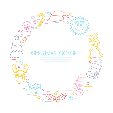 Colorful Christmas holidays circle frame with traditional attributes in line style. Vector