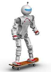 Humanoid robot on a skateboard. Isolated. 3D Illustration