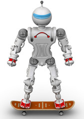 Humanoid robot on a skateboard. Isolated. 3D Illustration