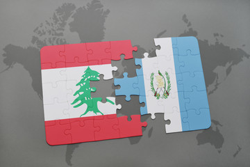 puzzle with the national flag of lebanon and guatemala on a world map background.