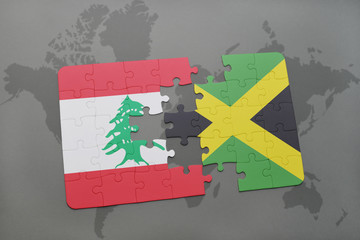 puzzle with the national flag of lebanon and jamaica on a world map background.