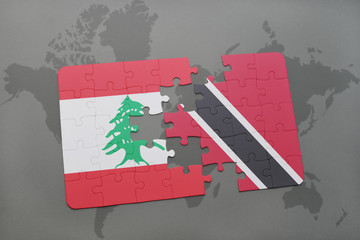 puzzle with the national flag of lebanon and trinidad and tobago on a world map background.