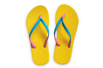Yellow flip flops isolated on white background. Top view