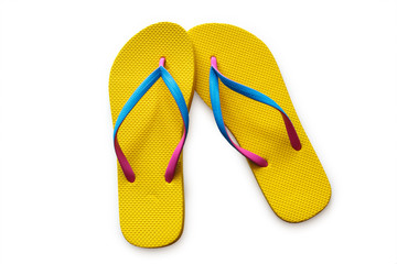 Yellow flip flops isolated on white background. Top view