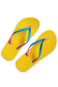 Yellow flip flops isolated on white background. Top view