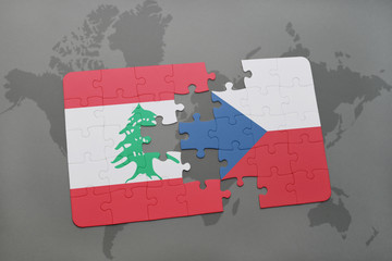 puzzle with the national flag of lebanon and czech republic on a world map background.
