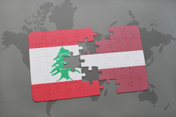 puzzle with the national flag of lebanon and latvia on a world map background.