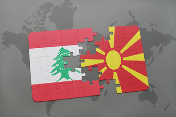 puzzle with the national flag of lebanon and macedonia on a world map background.