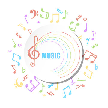 Colorful circle music background. Vector musical illustration with hand drawn notes. 