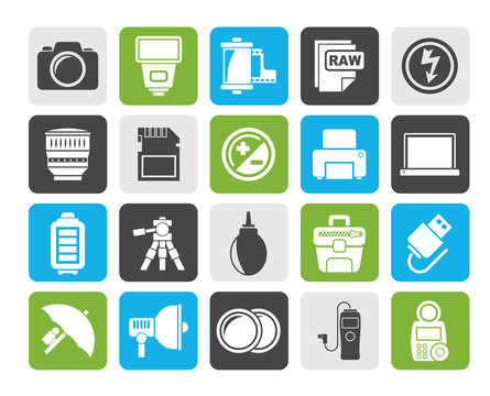 Silhouette Camera equipment and photography icons - Vector Icon Set
