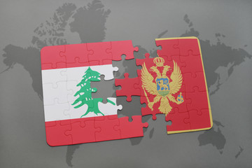 puzzle with the national flag of lebanon and montenegro on a world map background.