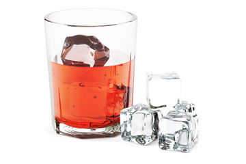 Glass with alcohol drink and ice, 3D rendering