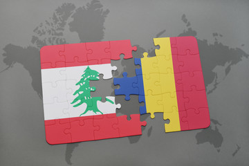 puzzle with the national flag of lebanon and romania on a world map background.